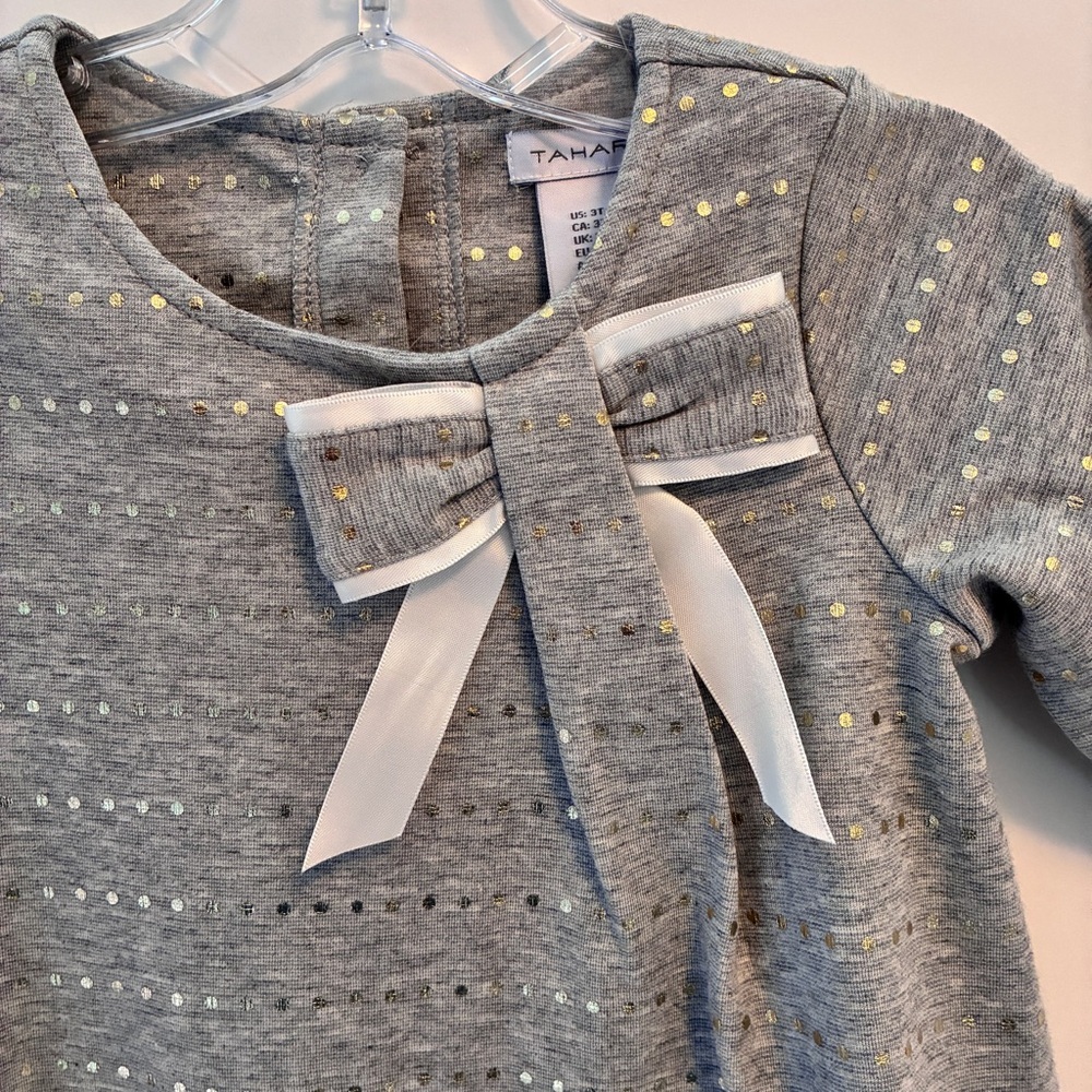 Tahari Girls Dress With Bow & Gold Metallic Dots Gray Size 3T New With Tags - Picture 3 of 8